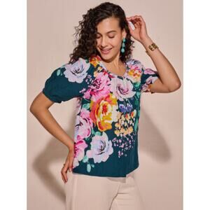Sundance Floral Linen Puff Sleeve Button Front Top Size XXL